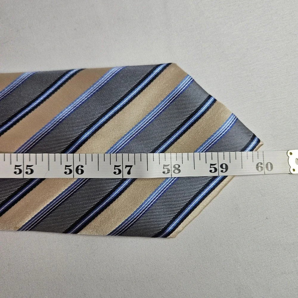 Perry Ellis Portfolio 100% Silk Hand Made Tie Gray Gold Stripes‎ 4